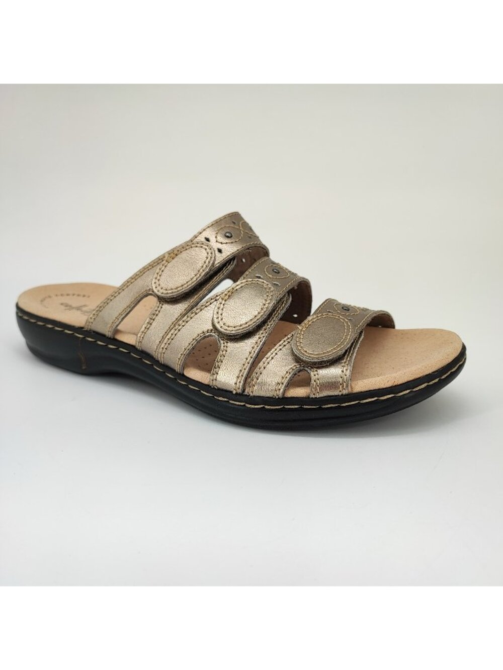 Clarks Leisa Cacti Q Women's Size 11 US Sandals Leather Gold Pewter Slide 26100